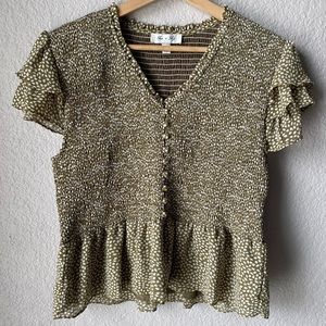 She + Sky Olive Green Leaf Print Smocked Blouse Size Large Animal Crossing